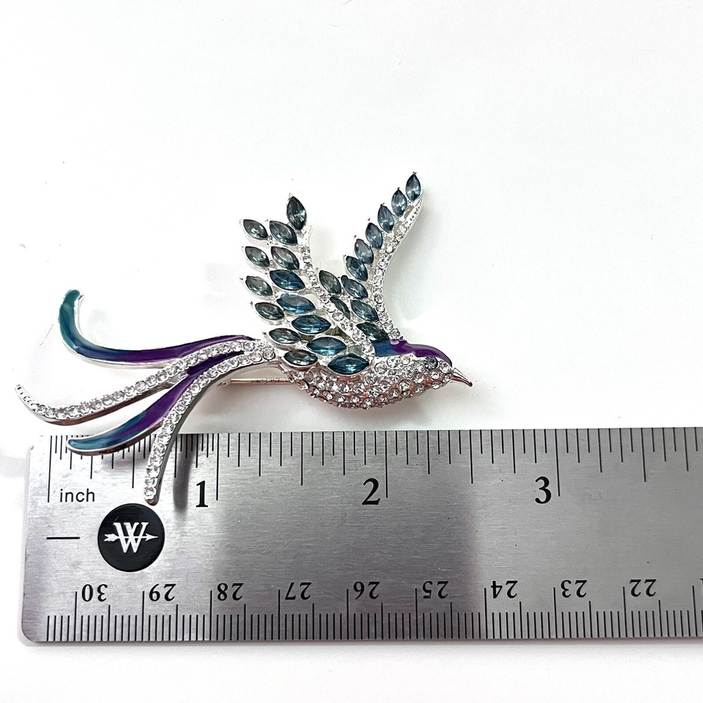 Vintage Swallow Bird Brooch Pin Silver Tone Teal Purple Enamel Pave Crystals - Picture 9 of 9